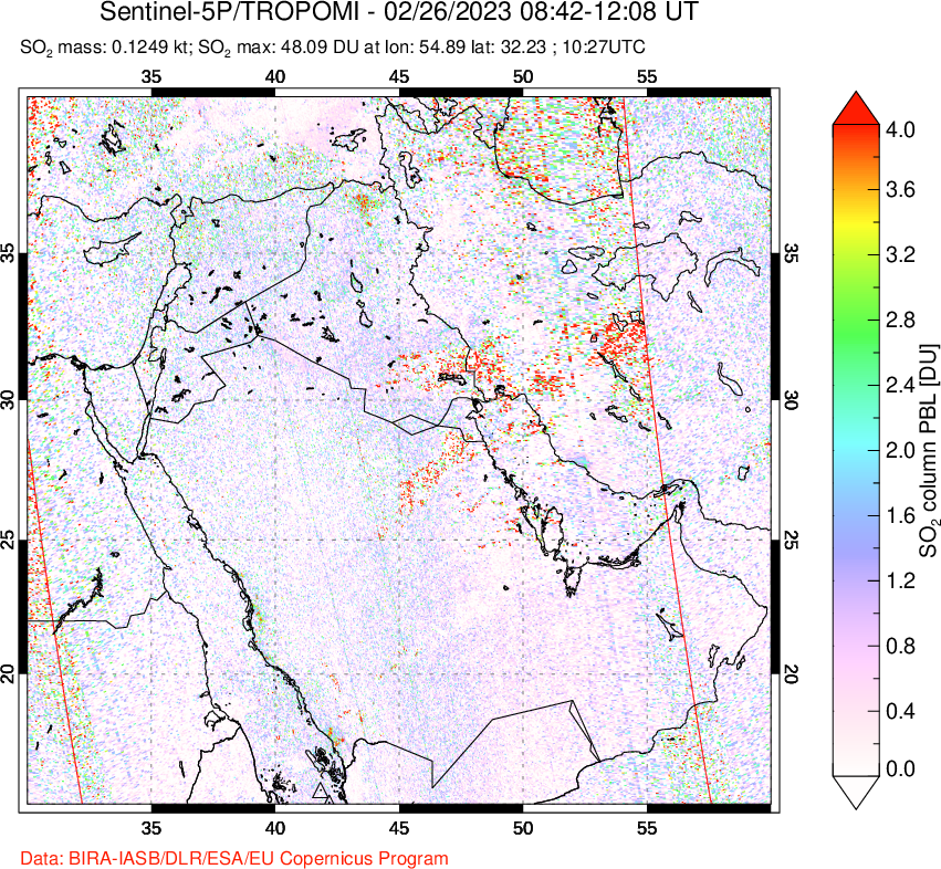 A sulfur dioxide image over Middle East on Feb 26, 2023.
