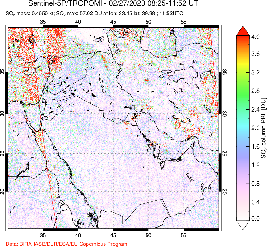 A sulfur dioxide image over Middle East on Feb 27, 2023.