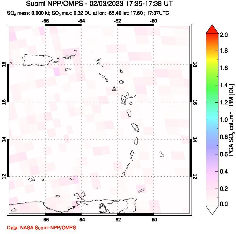 A sulfur dioxide image over Montserrat, West Indies on Feb 03, 2023.
