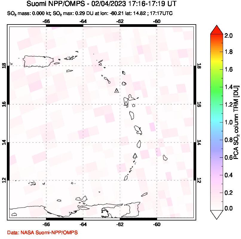 A sulfur dioxide image over Montserrat, West Indies on Feb 04, 2023.