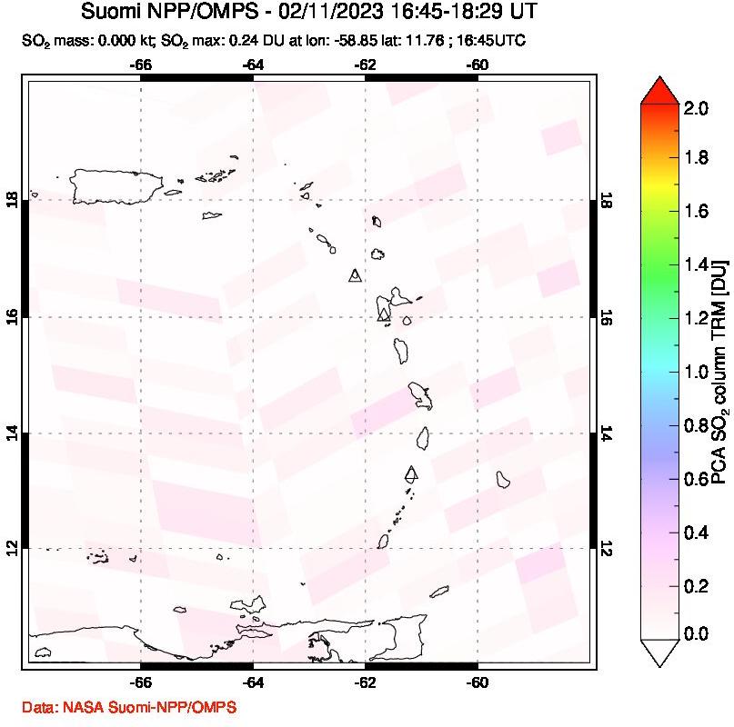 A sulfur dioxide image over Montserrat, West Indies on Feb 11, 2023.