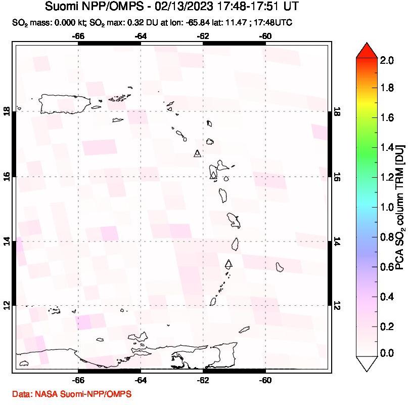 A sulfur dioxide image over Montserrat, West Indies on Feb 13, 2023.