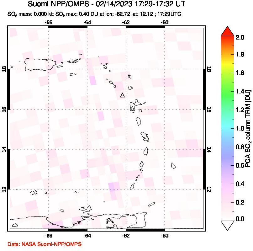 A sulfur dioxide image over Montserrat, West Indies on Feb 14, 2023.
