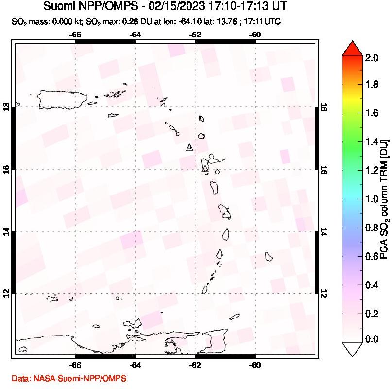 A sulfur dioxide image over Montserrat, West Indies on Feb 15, 2023.
