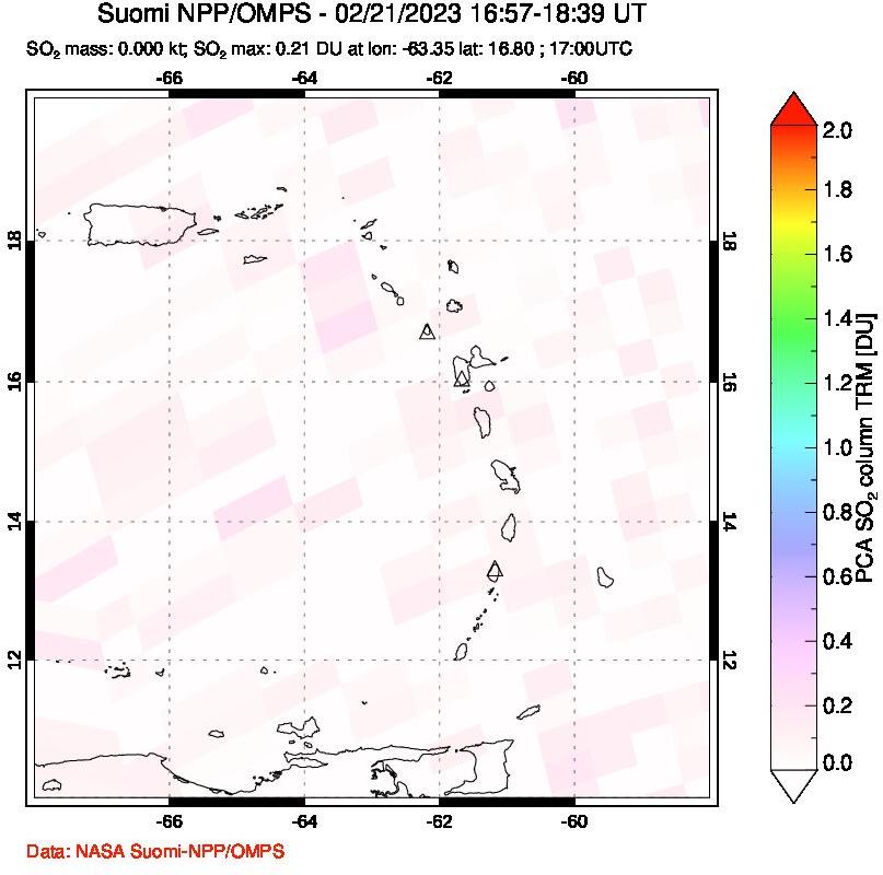 A sulfur dioxide image over Montserrat, West Indies on Feb 21, 2023.