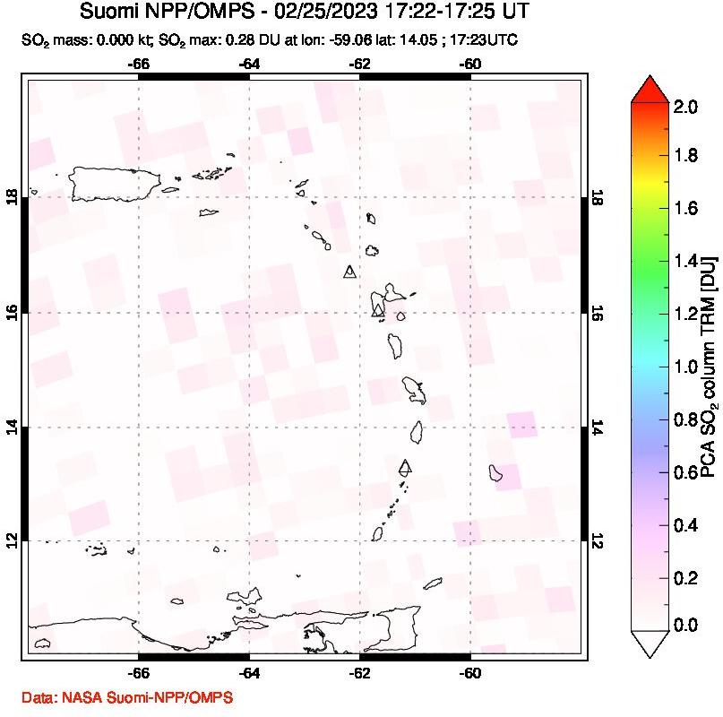 A sulfur dioxide image over Montserrat, West Indies on Feb 25, 2023.