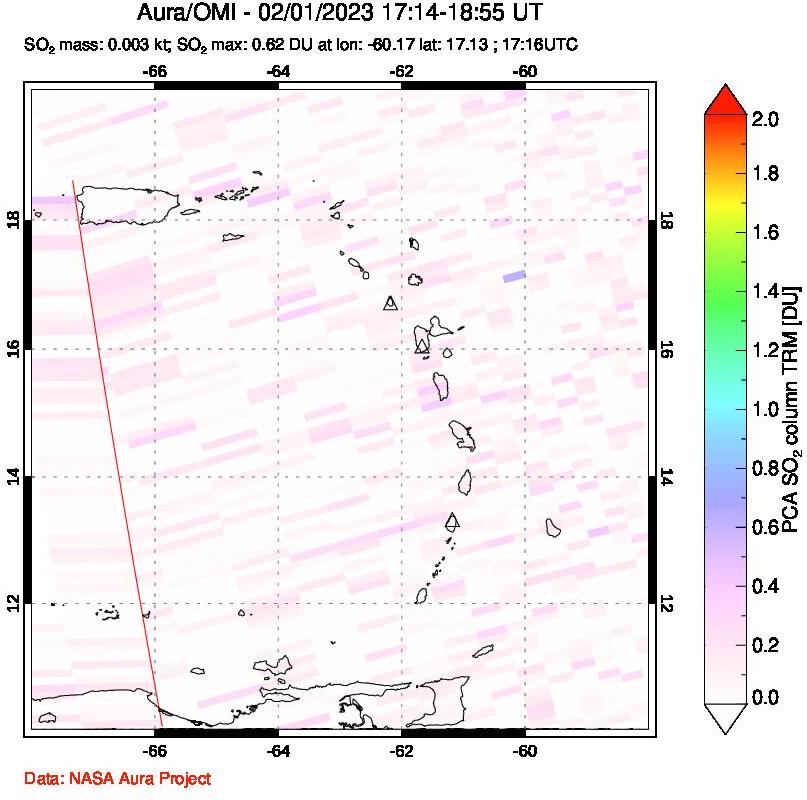 A sulfur dioxide image over Montserrat, West Indies on Feb 01, 2023.