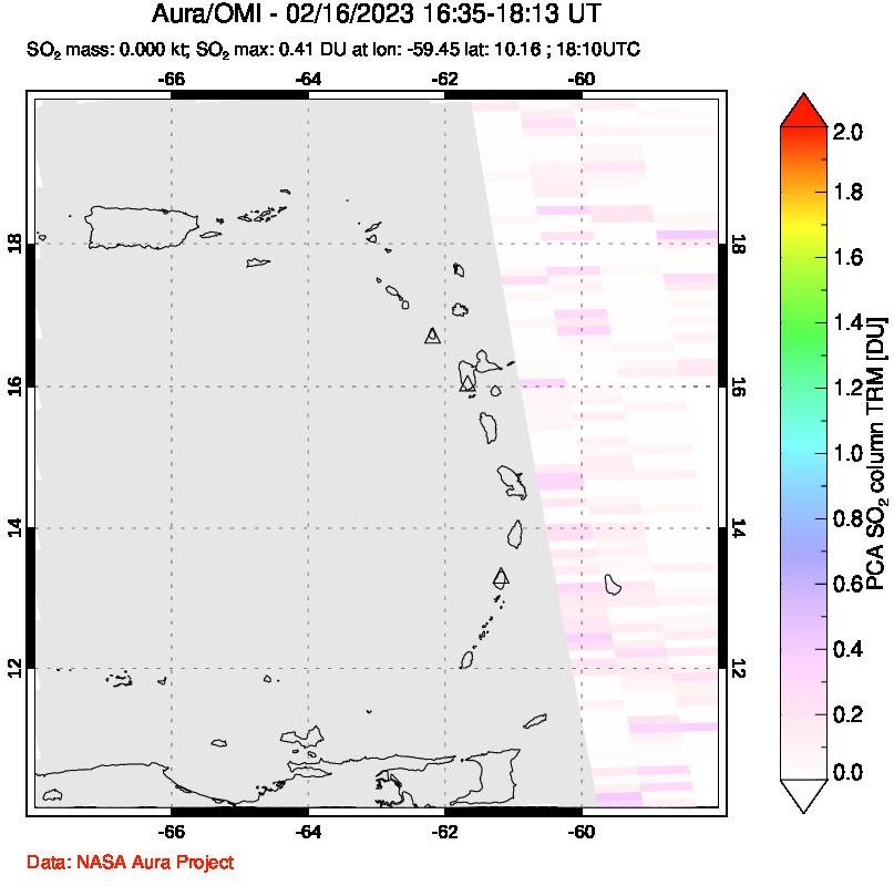 A sulfur dioxide image over Montserrat, West Indies on Feb 16, 2023.