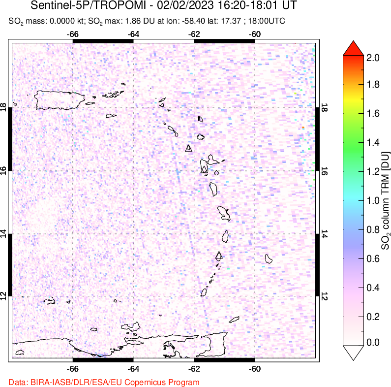 A sulfur dioxide image over Montserrat, West Indies on Feb 02, 2023.