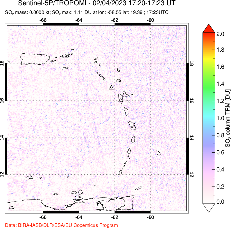 A sulfur dioxide image over Montserrat, West Indies on Feb 04, 2023.