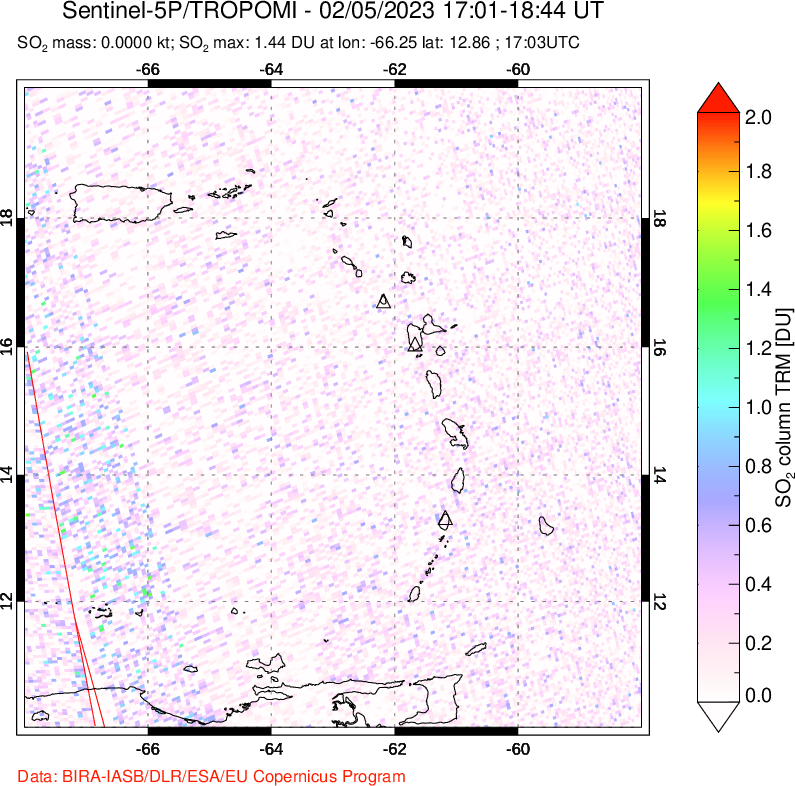 A sulfur dioxide image over Montserrat, West Indies on Feb 05, 2023.