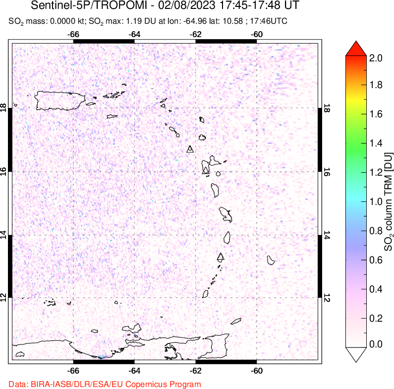 A sulfur dioxide image over Montserrat, West Indies on Feb 08, 2023.