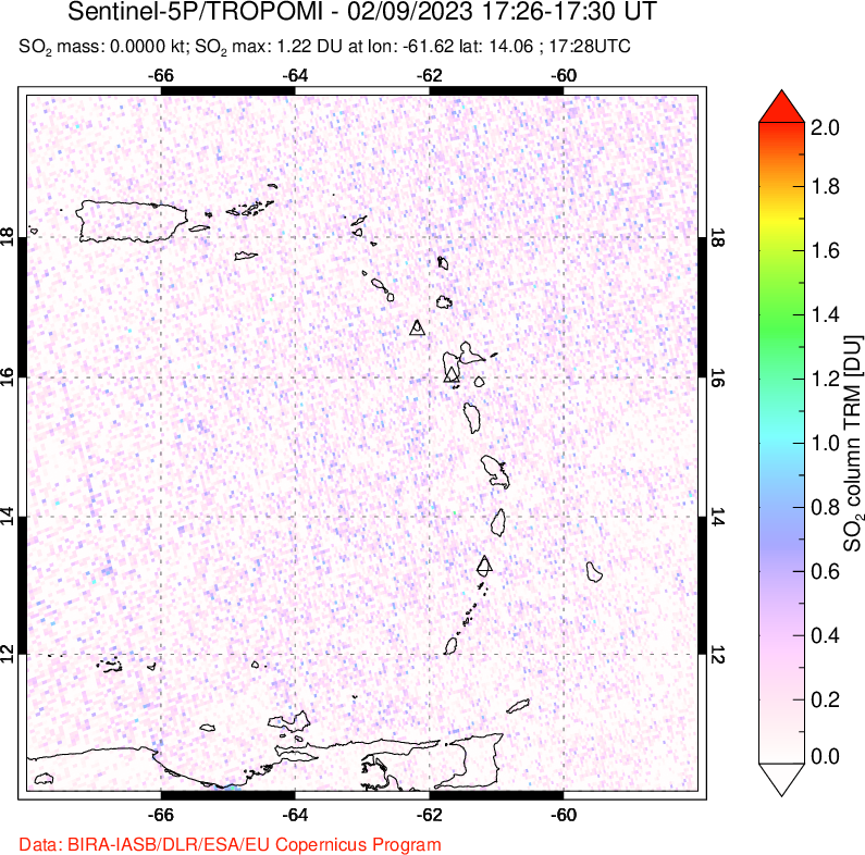 A sulfur dioxide image over Montserrat, West Indies on Feb 09, 2023.