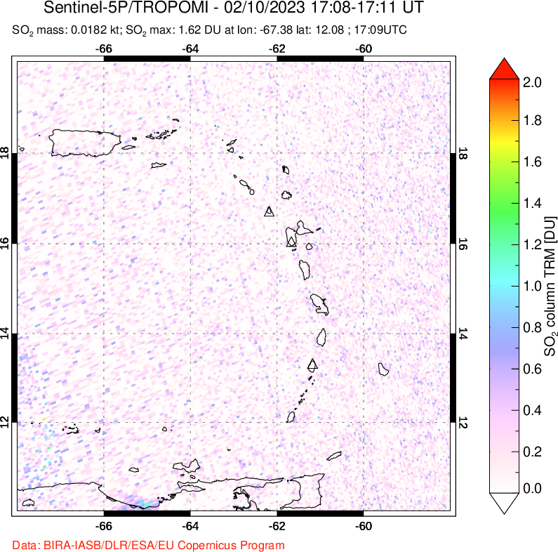 A sulfur dioxide image over Montserrat, West Indies on Feb 10, 2023.