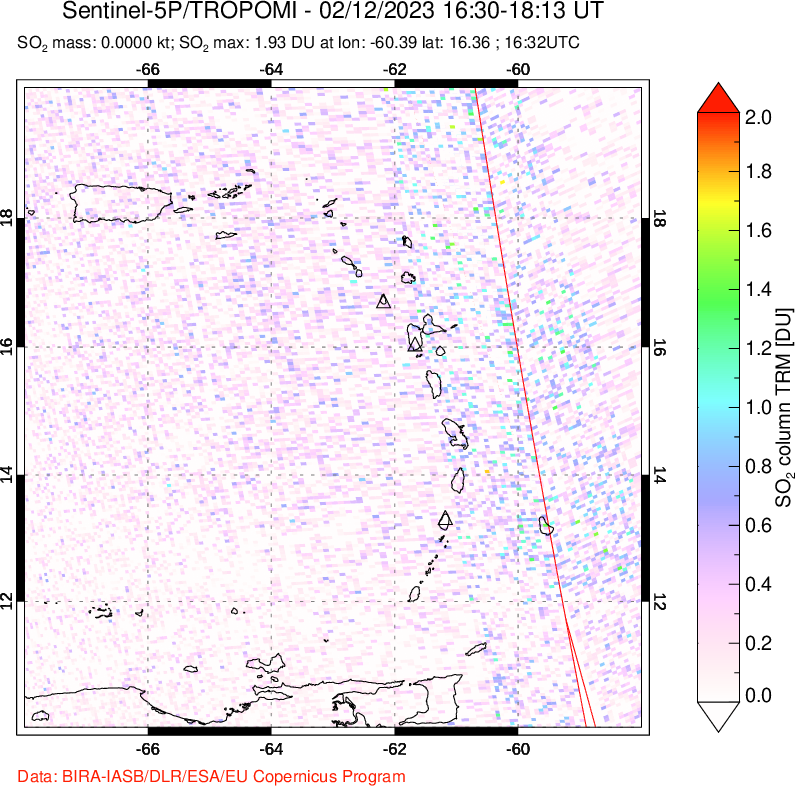 A sulfur dioxide image over Montserrat, West Indies on Feb 12, 2023.