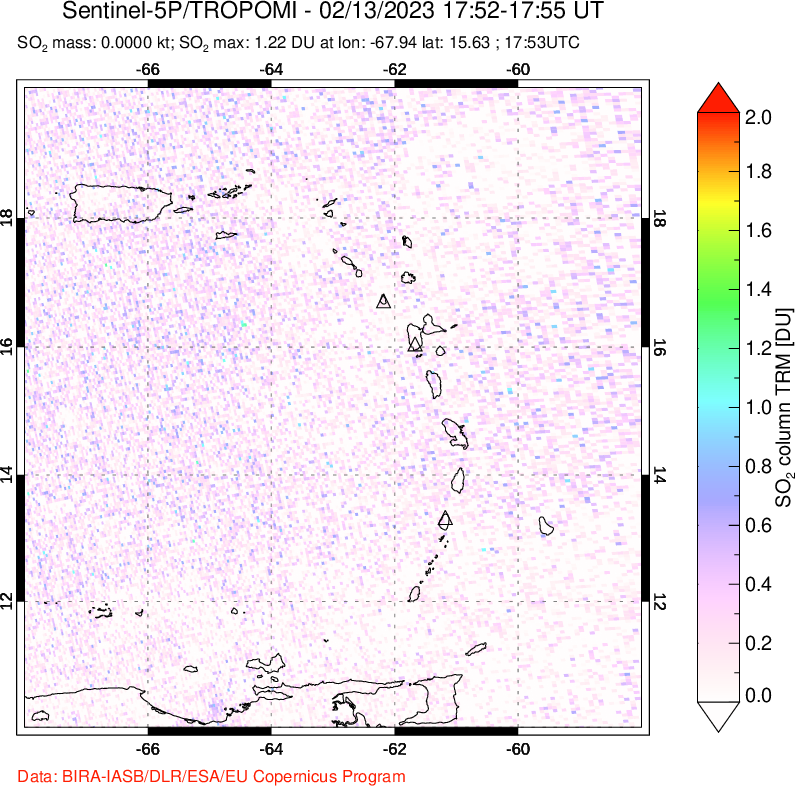 A sulfur dioxide image over Montserrat, West Indies on Feb 13, 2023.