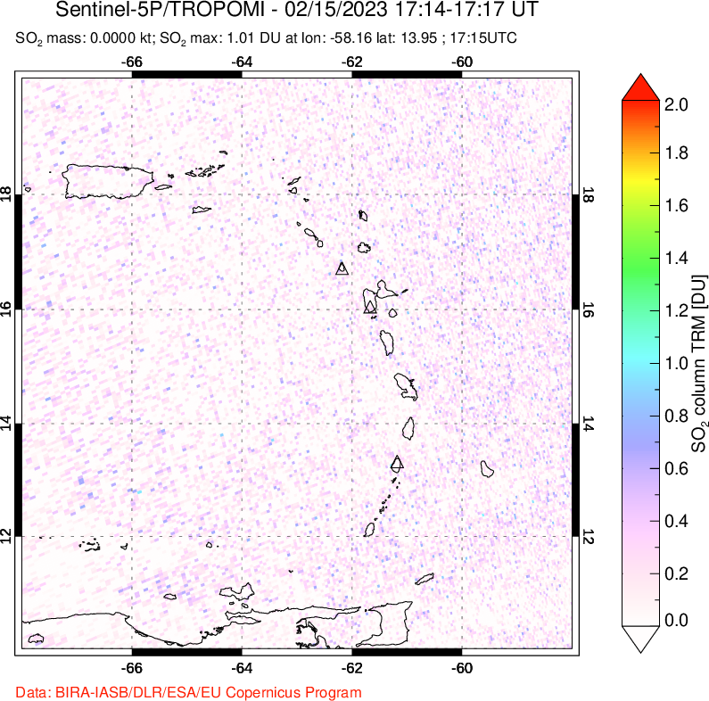 A sulfur dioxide image over Montserrat, West Indies on Feb 15, 2023.
