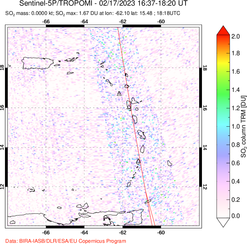 A sulfur dioxide image over Montserrat, West Indies on Feb 17, 2023.