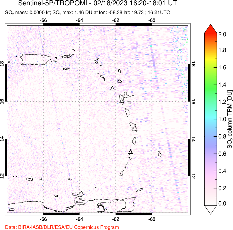 A sulfur dioxide image over Montserrat, West Indies on Feb 18, 2023.