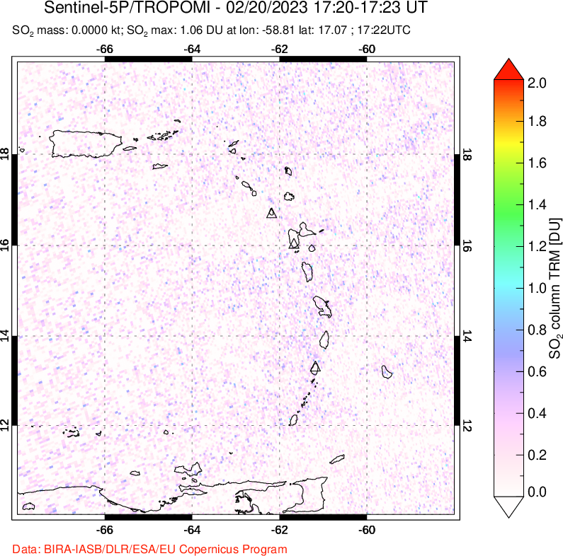 A sulfur dioxide image over Montserrat, West Indies on Feb 20, 2023.