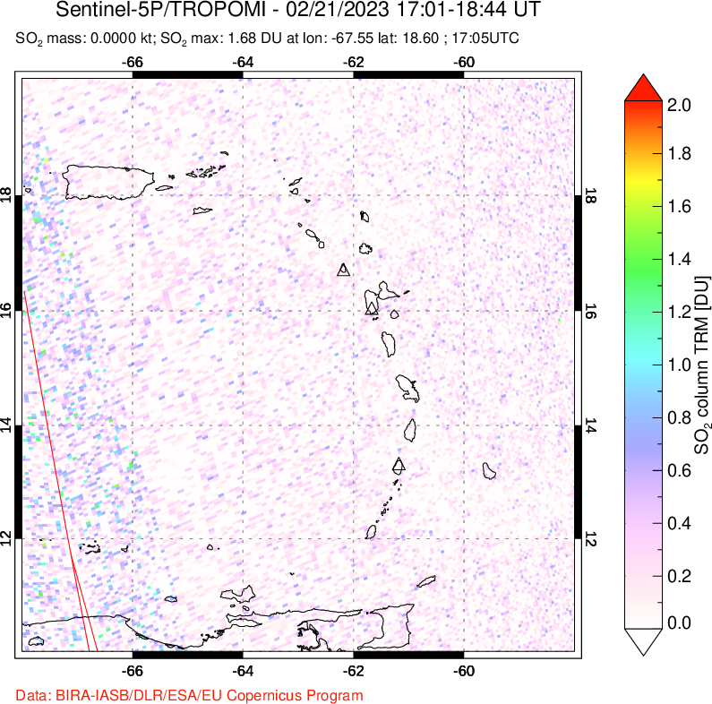 A sulfur dioxide image over Montserrat, West Indies on Feb 21, 2023.