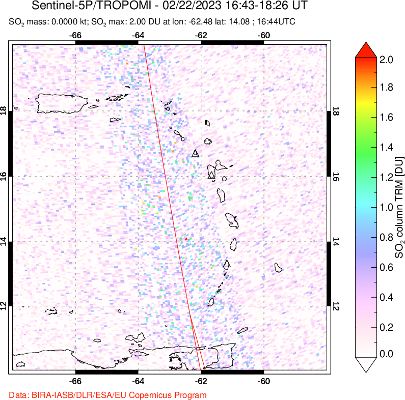 A sulfur dioxide image over Montserrat, West Indies on Feb 22, 2023.