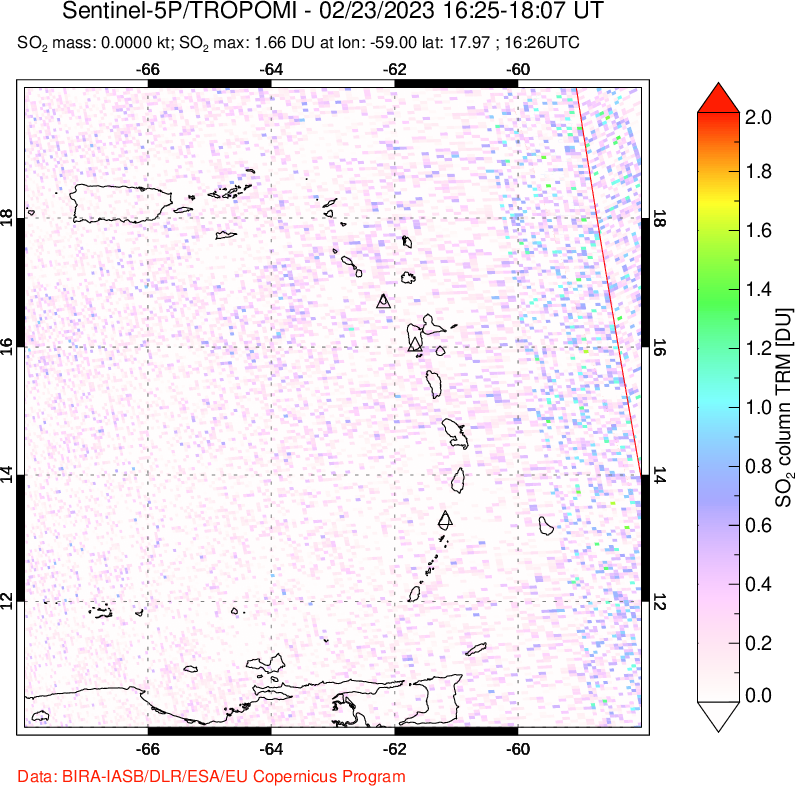 A sulfur dioxide image over Montserrat, West Indies on Feb 23, 2023.
