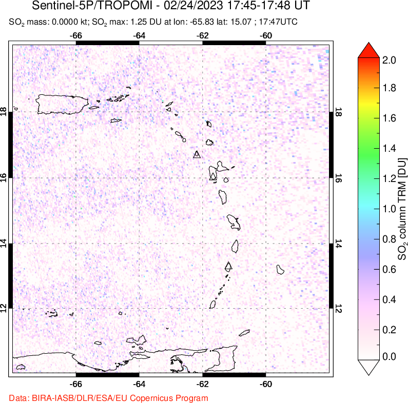 A sulfur dioxide image over Montserrat, West Indies on Feb 24, 2023.
