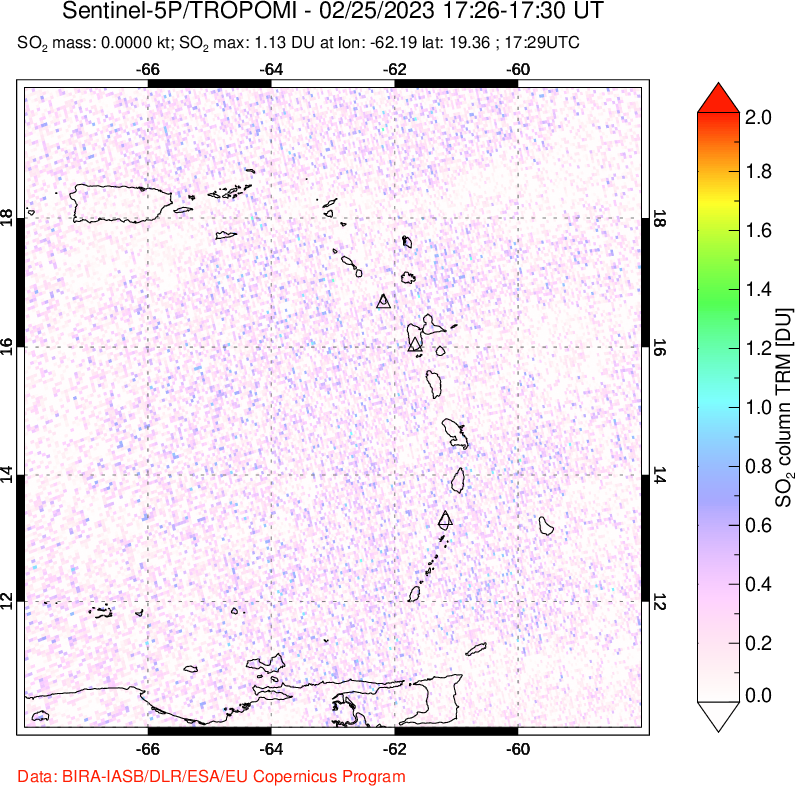 A sulfur dioxide image over Montserrat, West Indies on Feb 25, 2023.