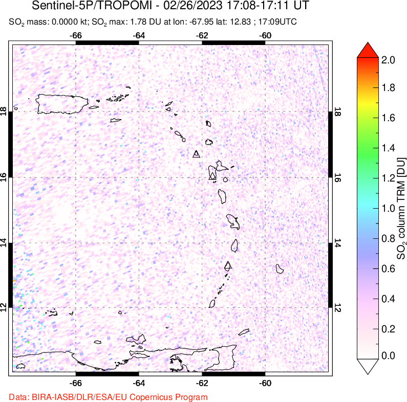 A sulfur dioxide image over Montserrat, West Indies on Feb 26, 2023.