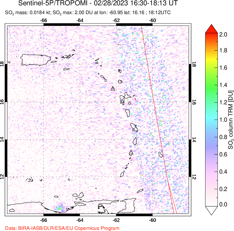A sulfur dioxide image over Montserrat, West Indies on Feb 28, 2023.