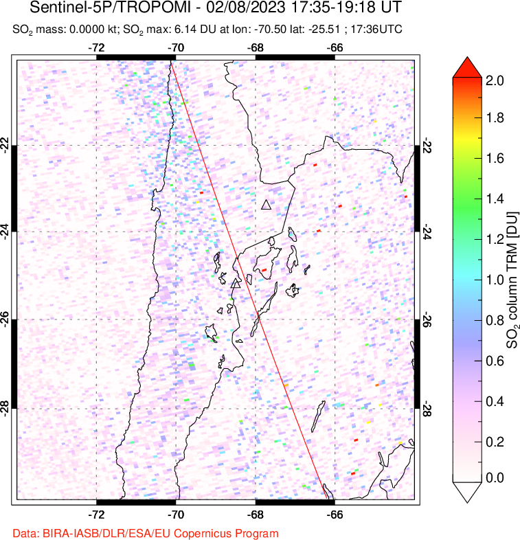 A sulfur dioxide image over Northern Chile on Feb 08, 2023.