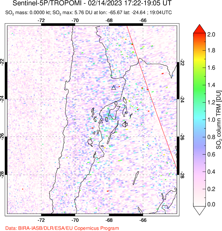 A sulfur dioxide image over Northern Chile on Feb 14, 2023.