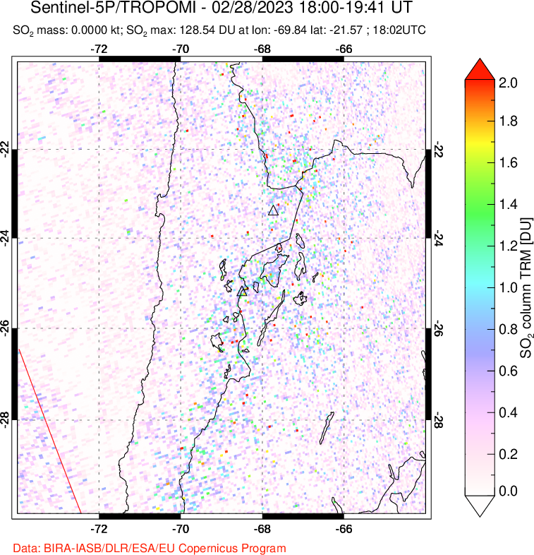 A sulfur dioxide image over Northern Chile on Feb 28, 2023.
