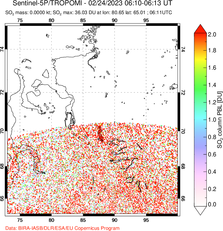 A sulfur dioxide image over Norilsk, Russian Federation on Feb 24, 2023.