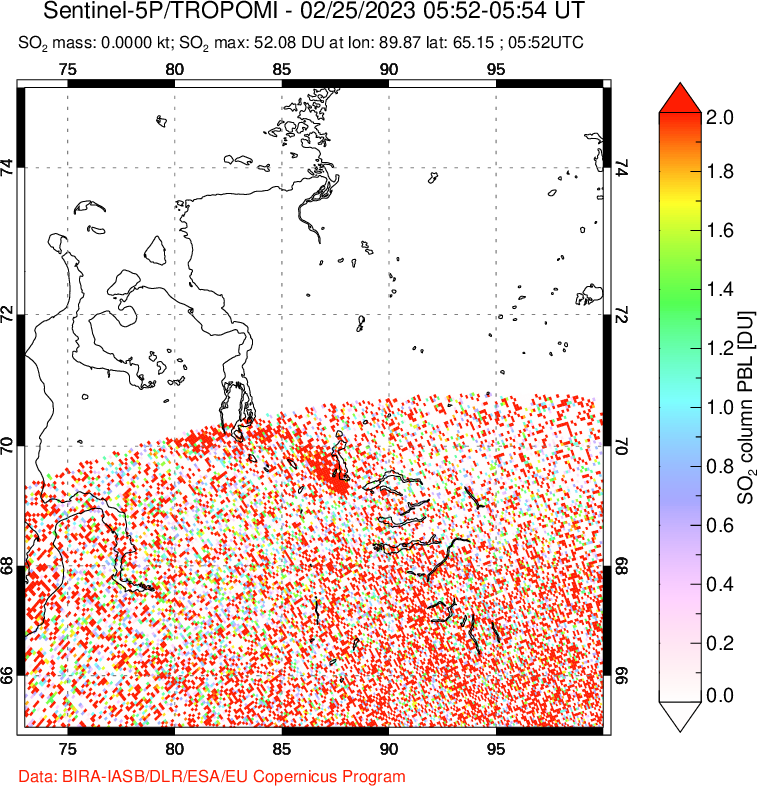 A sulfur dioxide image over Norilsk, Russian Federation on Feb 25, 2023.