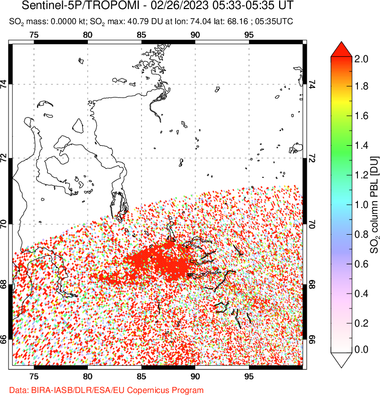 A sulfur dioxide image over Norilsk, Russian Federation on Feb 26, 2023.