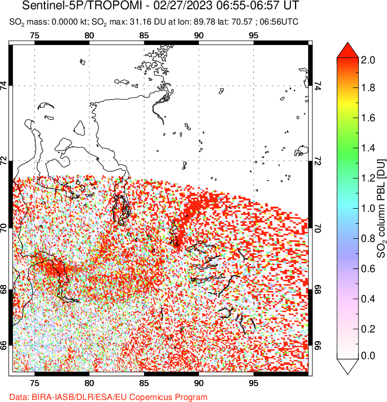 A sulfur dioxide image over Norilsk, Russian Federation on Feb 27, 2023.