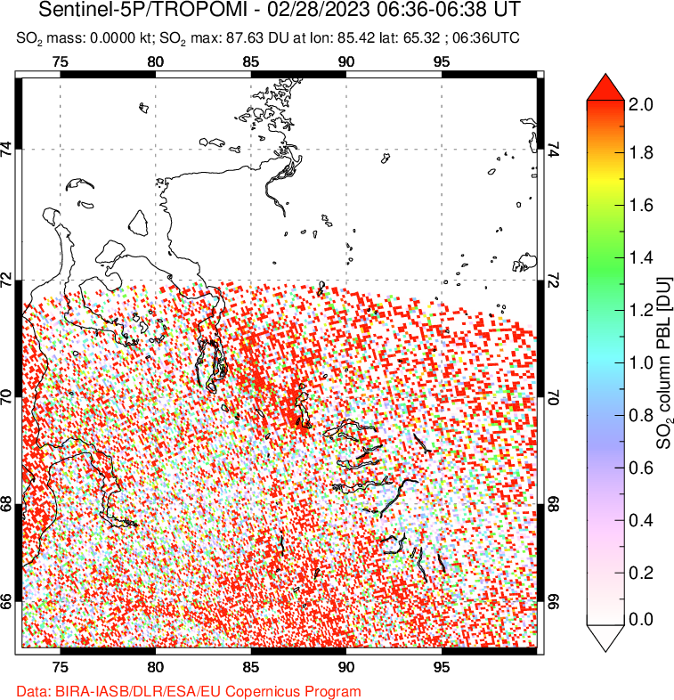 A sulfur dioxide image over Norilsk, Russian Federation on Feb 28, 2023.