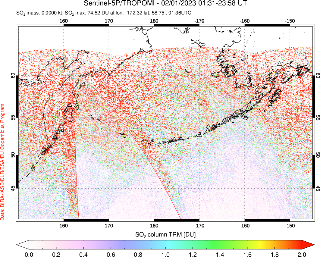 A sulfur dioxide image over North Pacific on Feb 01, 2023.