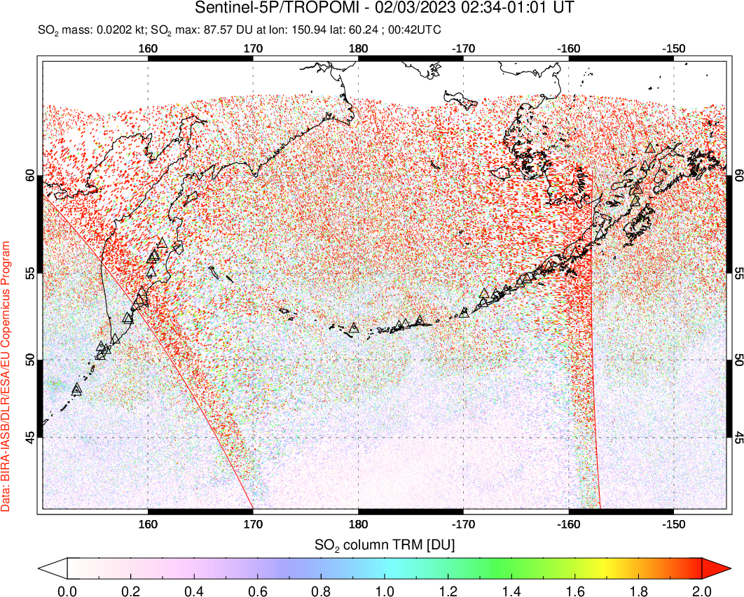 A sulfur dioxide image over North Pacific on Feb 03, 2023.
