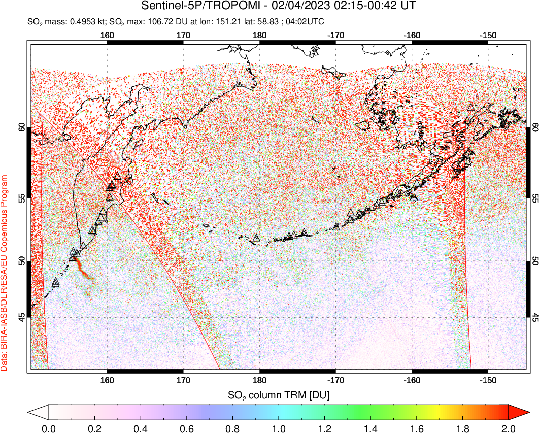 A sulfur dioxide image over North Pacific on Feb 04, 2023.