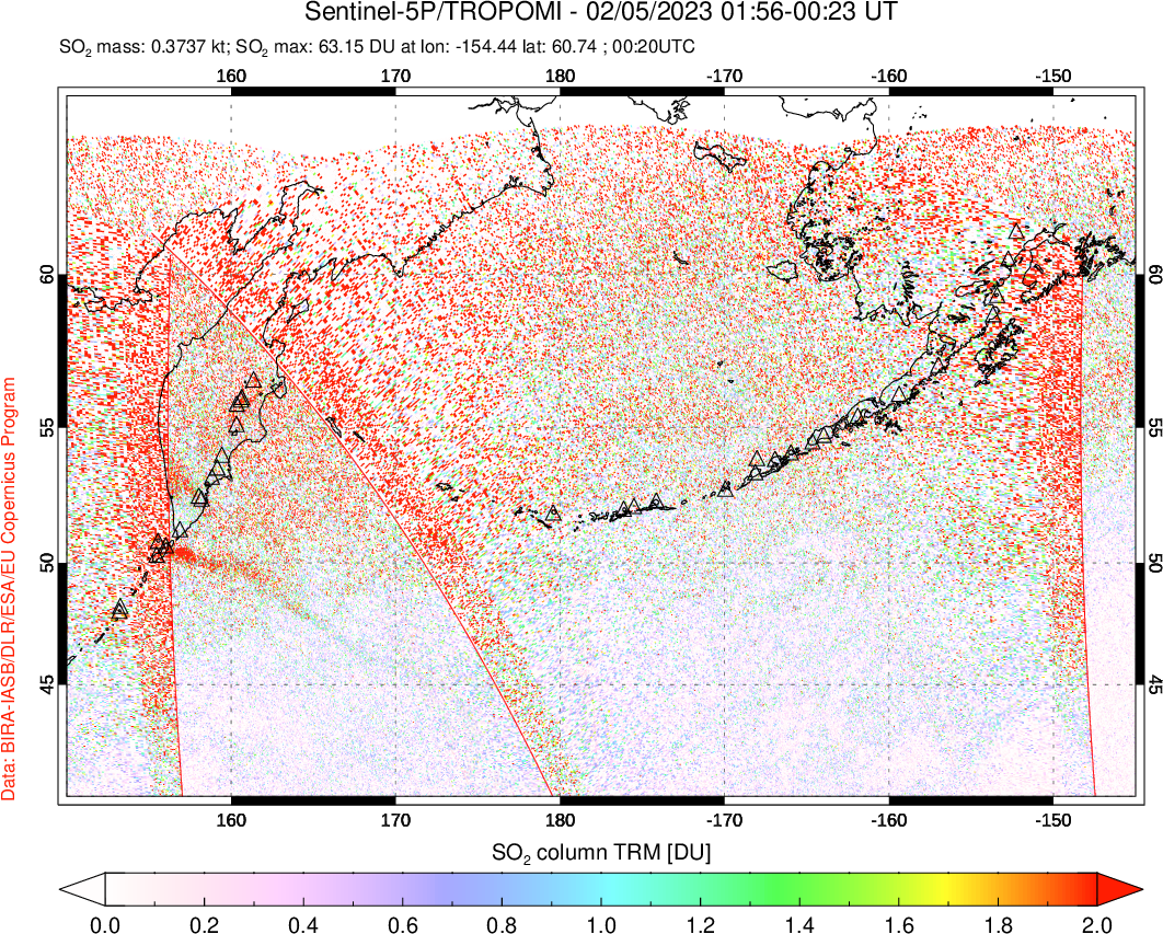 A sulfur dioxide image over North Pacific on Feb 05, 2023.