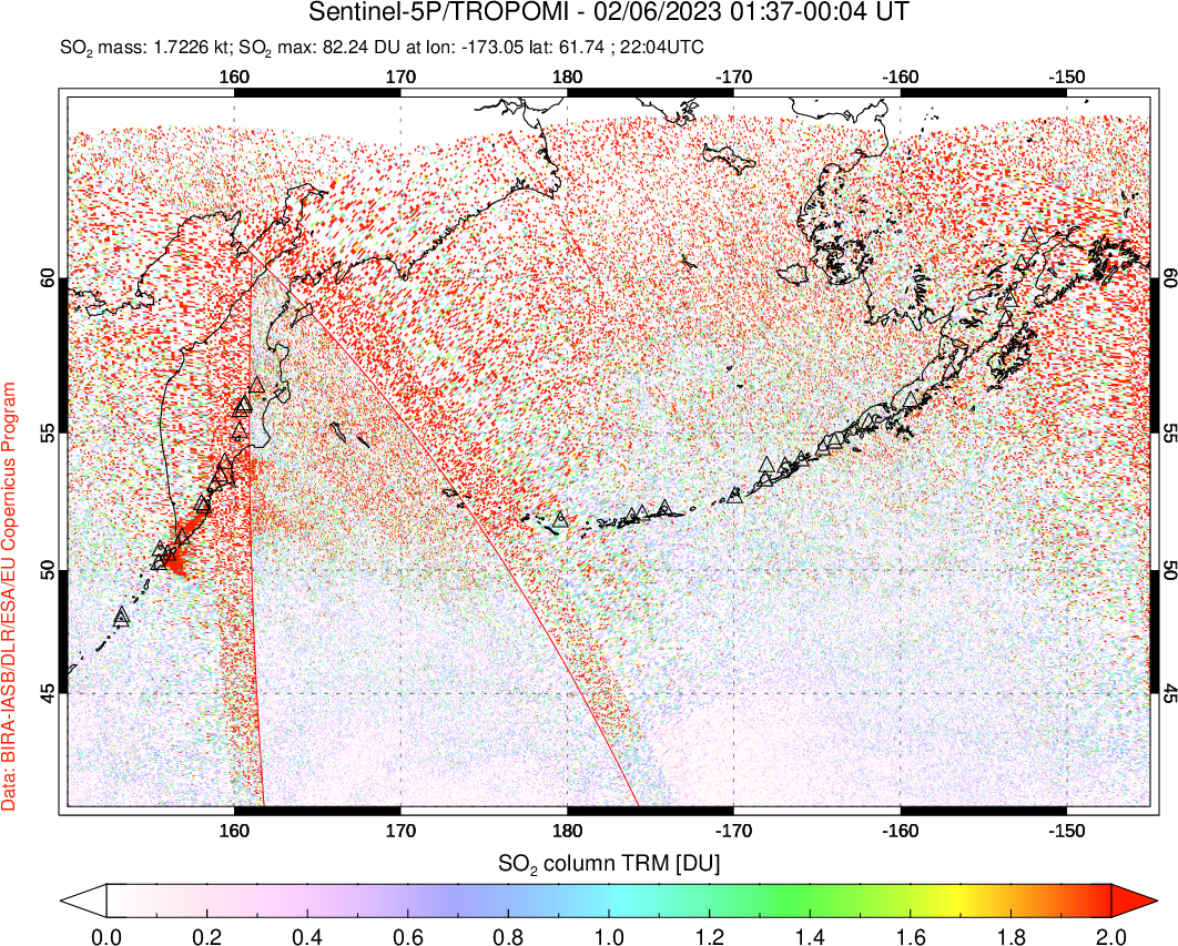 A sulfur dioxide image over North Pacific on Feb 06, 2023.