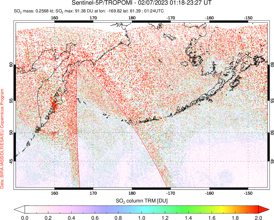 A sulfur dioxide image over North Pacific on Feb 07, 2023.