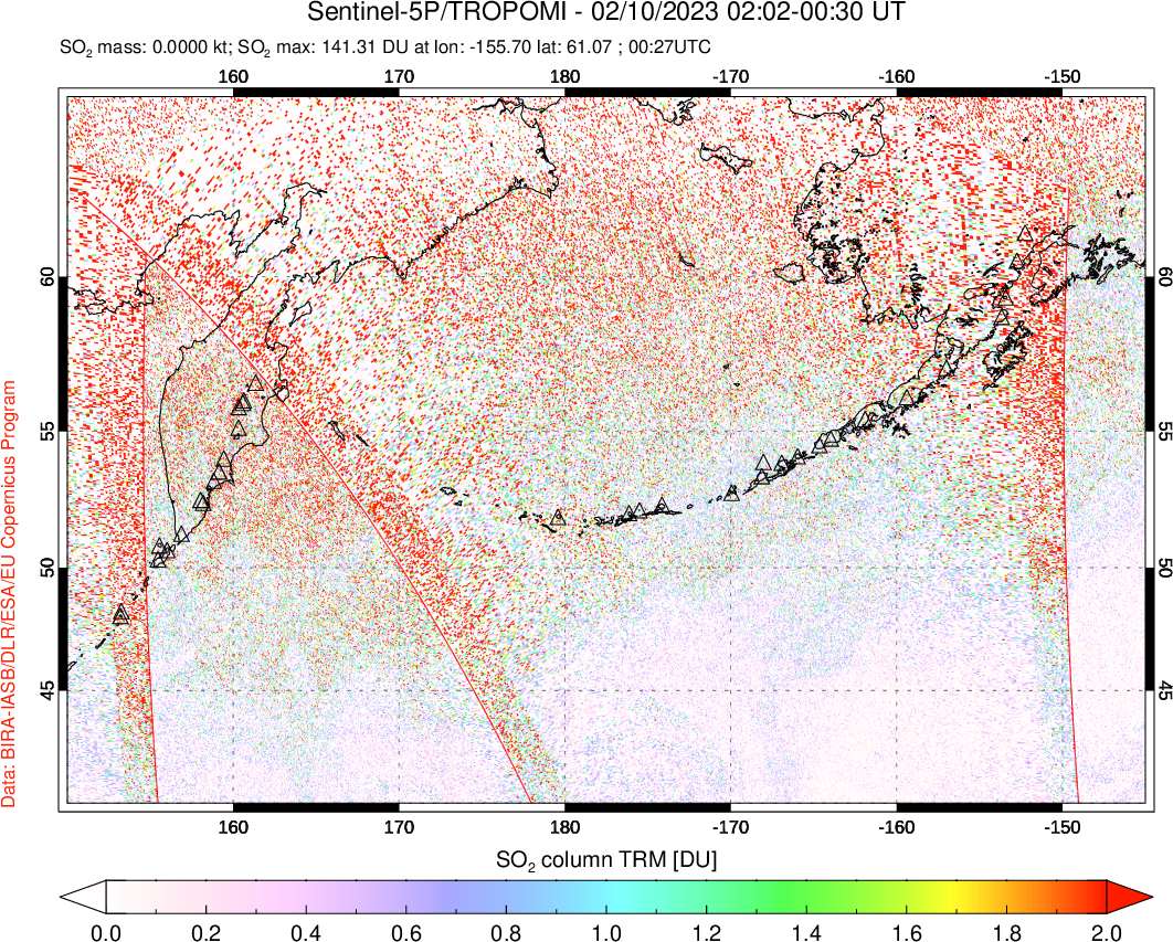 A sulfur dioxide image over North Pacific on Feb 10, 2023.