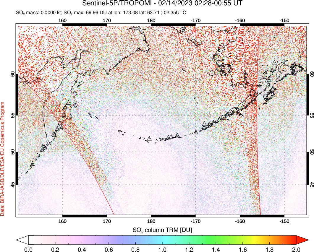 A sulfur dioxide image over North Pacific on Feb 14, 2023.