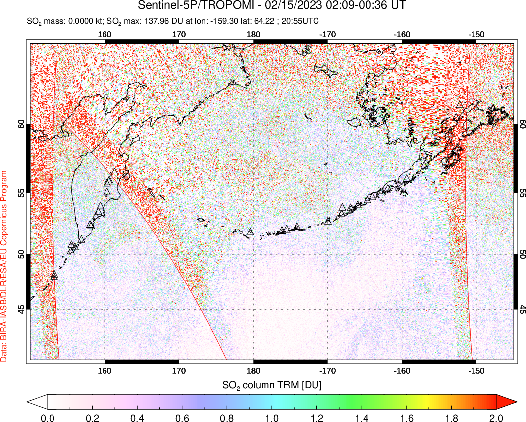 A sulfur dioxide image over North Pacific on Feb 15, 2023.