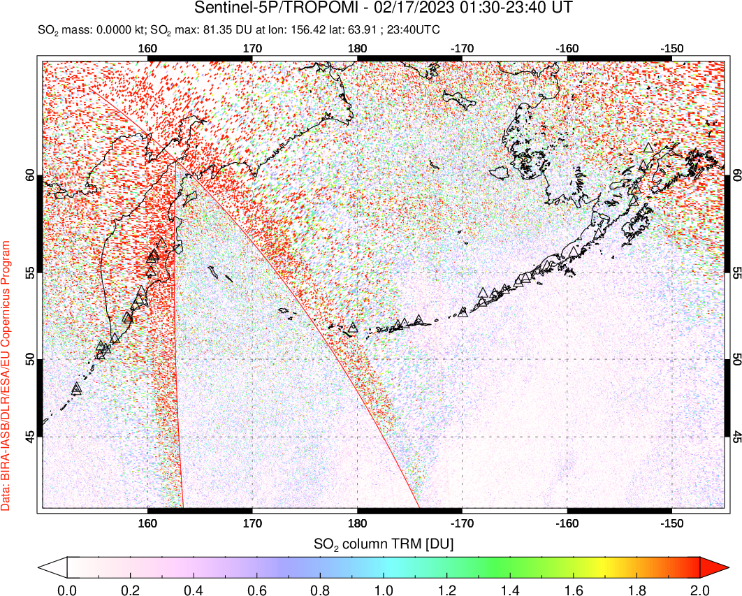 A sulfur dioxide image over North Pacific on Feb 17, 2023.