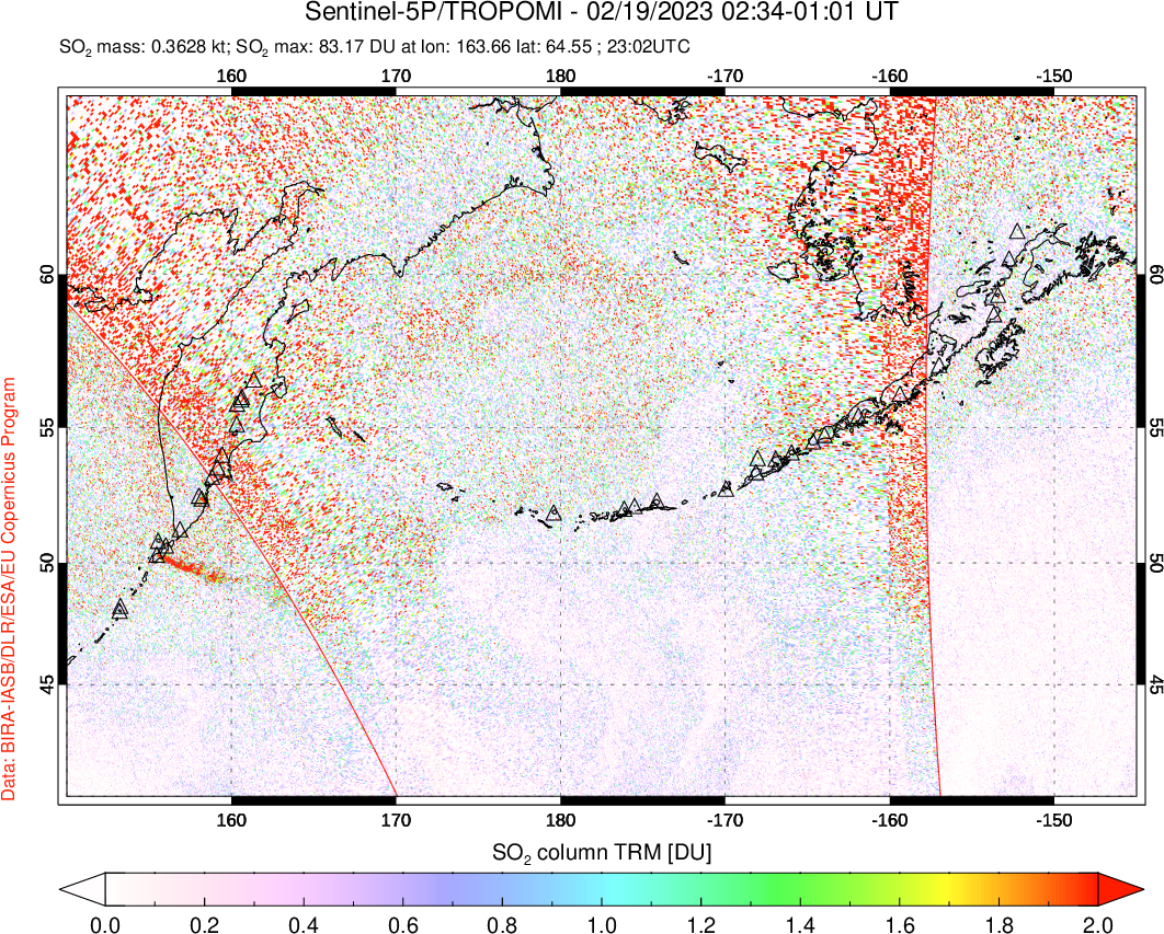 A sulfur dioxide image over North Pacific on Feb 19, 2023.